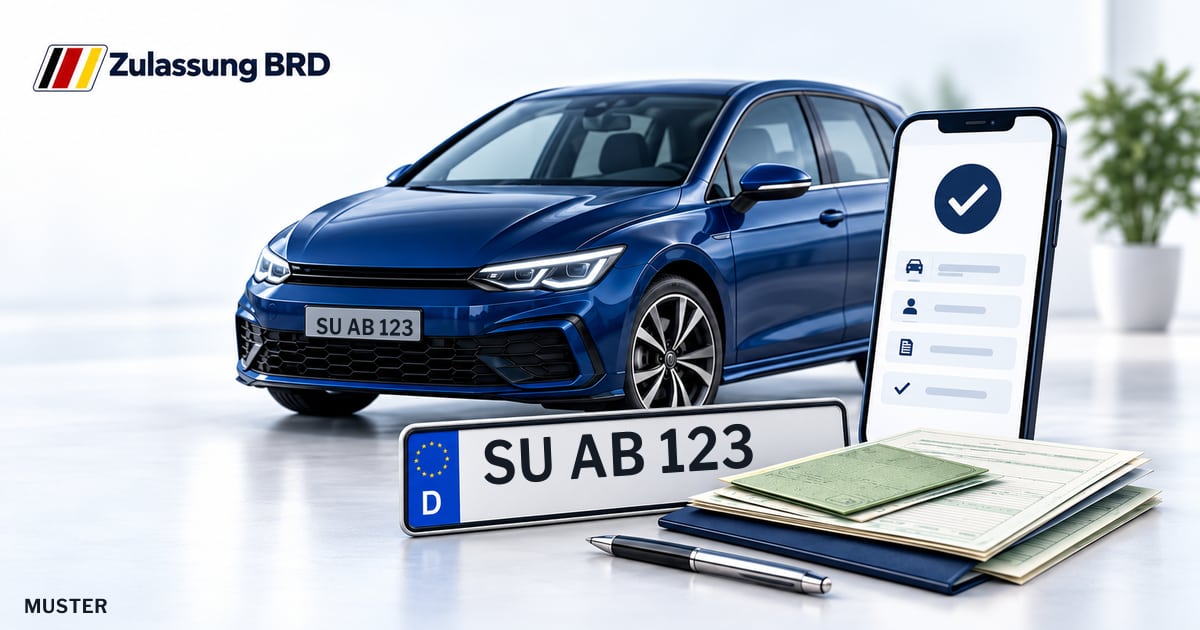 Online Fahrzeugzulassung in Neunkirchen-Seelscheid: Musterkennzeichen SU AB 123, Auto und Fahrzeugpapiere und Smartphone. Illustration mit Logo von Zulassung BRD.